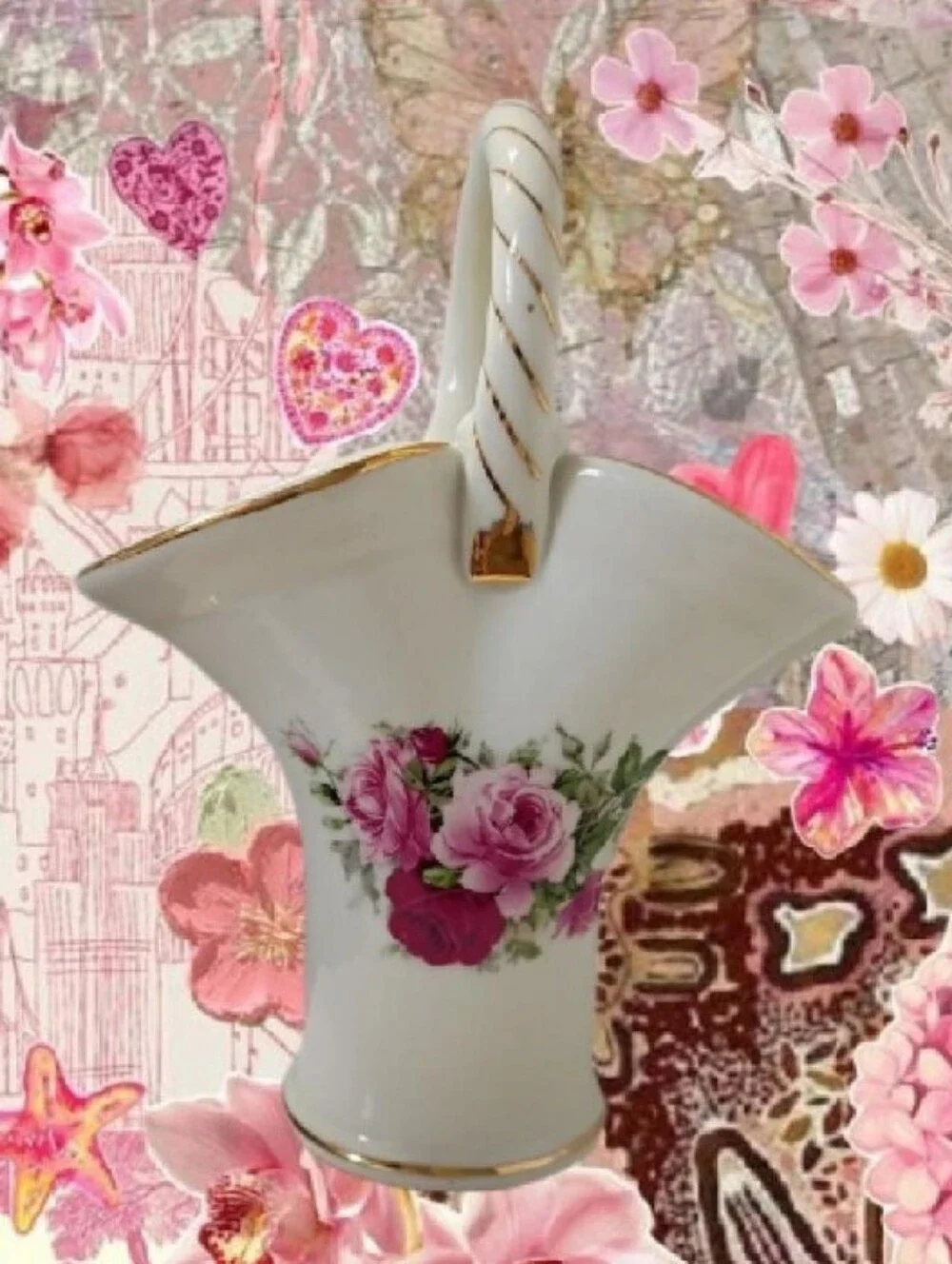 VTG Formalities By Braum Bro's Victorian Rose Collection Porcelain Basket Vase